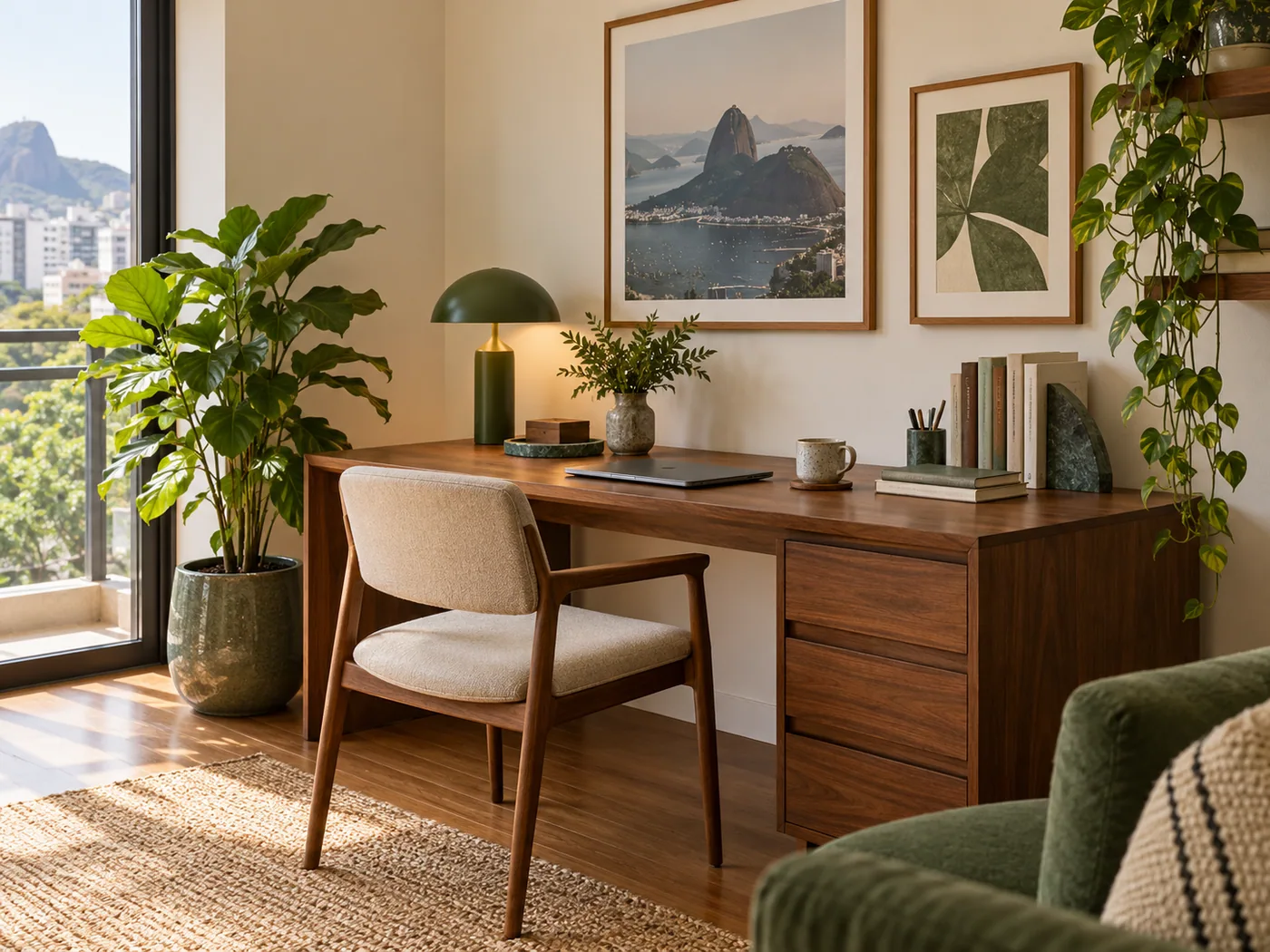 Área de trabalho iluminada com mesa de madeira