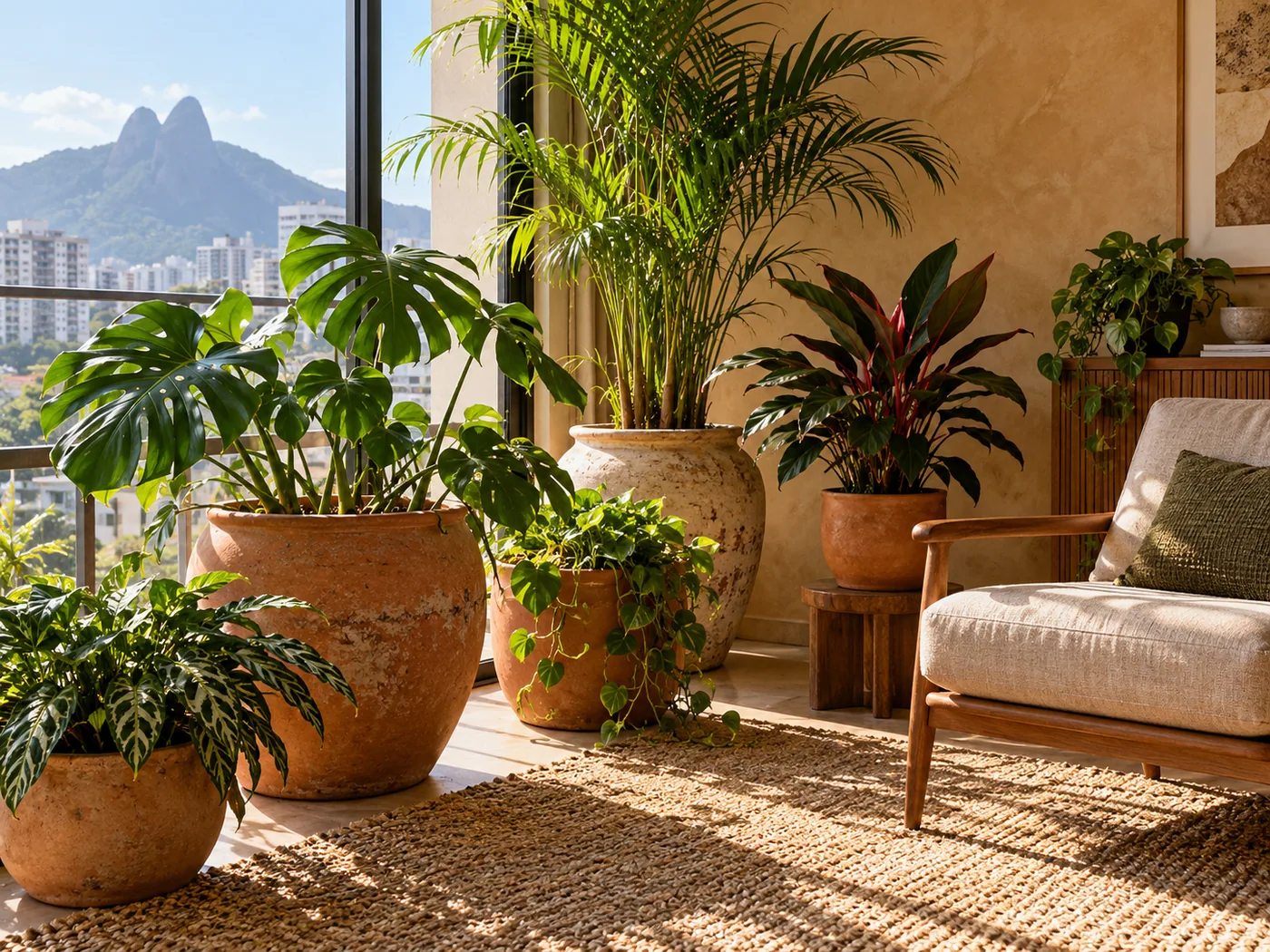Interior iluminado com plantas e materiais naturais